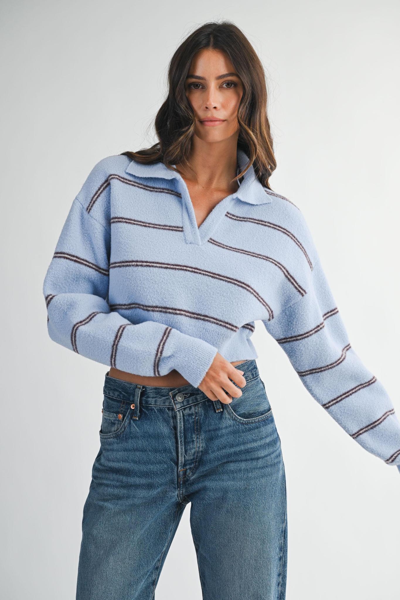 Collared Multi Color Stripe Cropped Knit Sweater