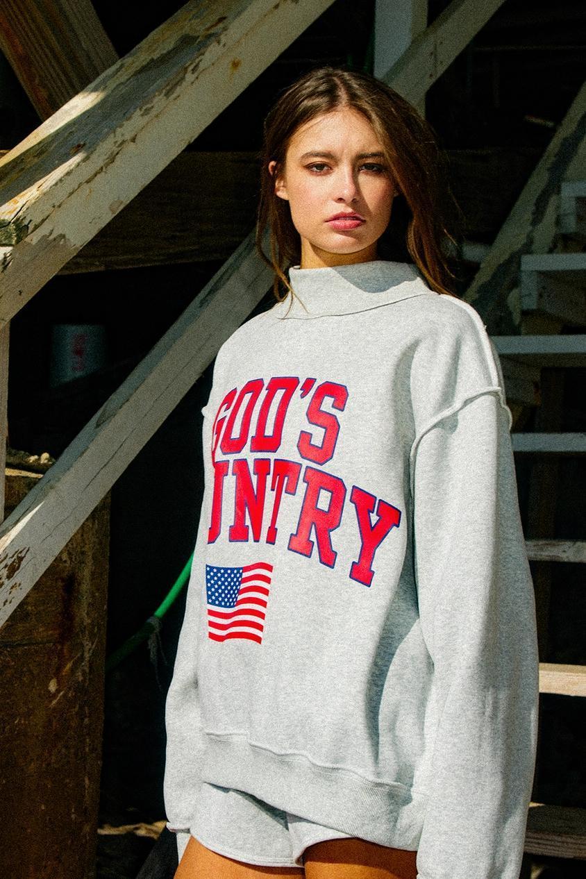 'GOD'S COUNTRY' Print Reversible Mock-neck Sweatshirt