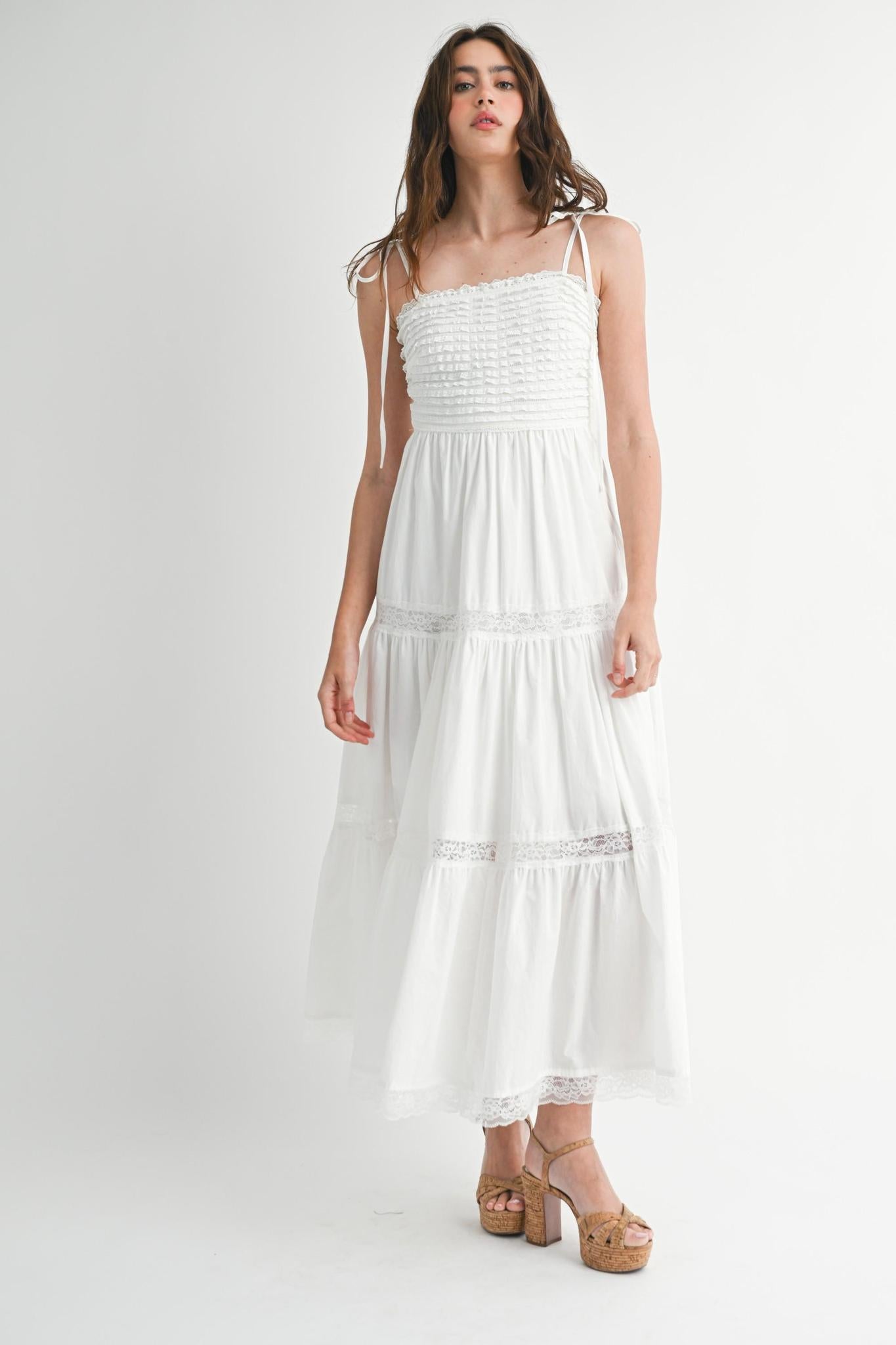 Ruffle Textured Self Tie Lace Trim Midi Dress