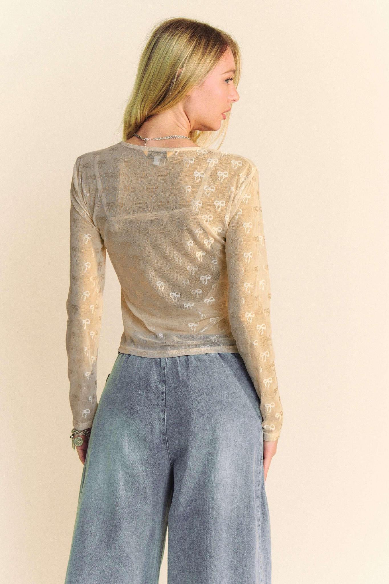 Ribbon Embroidered Long Sleeve Mesh Top
