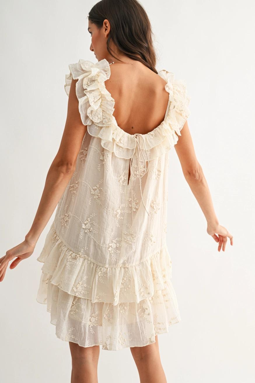 Ruffled Embroidered Tiered Dress in Cream