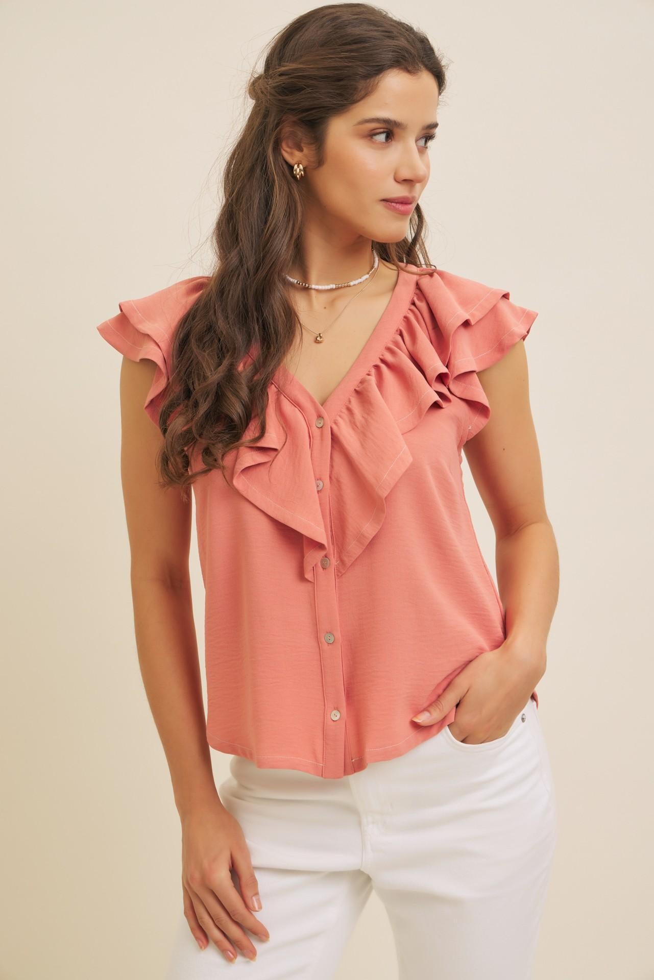 Terracotta Button-down Ruffle Blouse