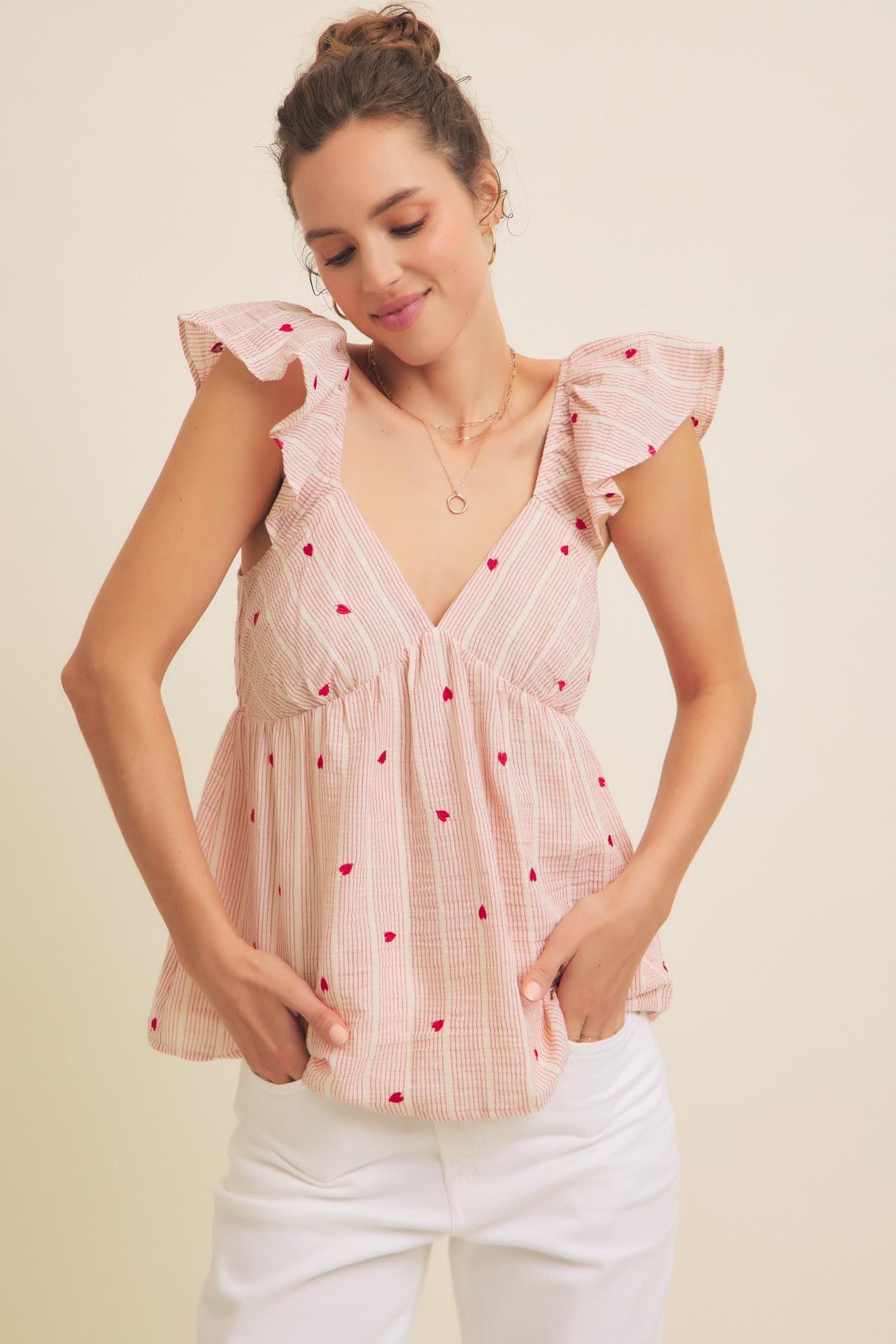 Heart Embroidery Stripe Cotton Linen Blend Top