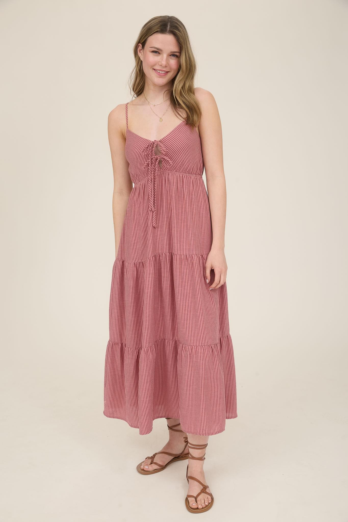 Striped Front Tie Tiered Midi Sundress