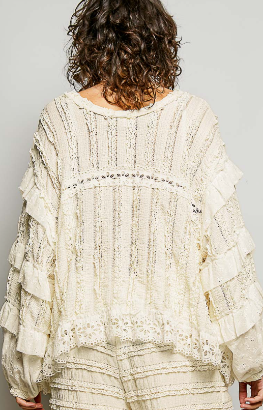 Eyelet Ruffle Raw Edge Trim Lace Solid Knit Top