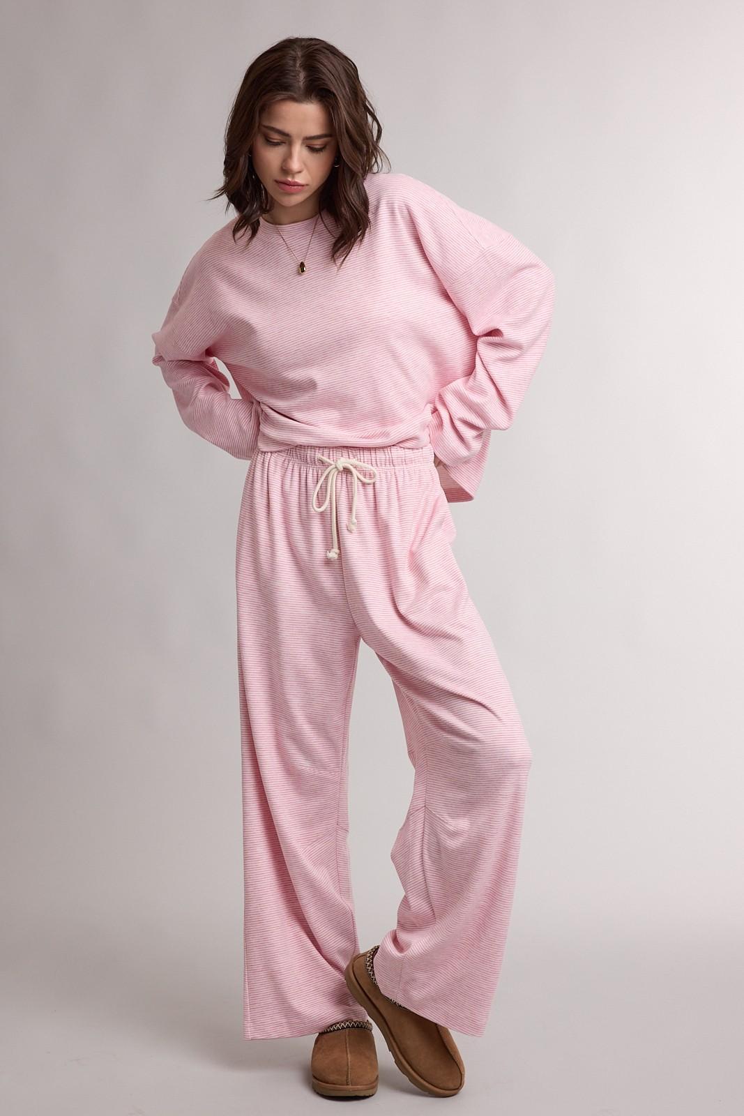 Rose Cream Striped Knit Top And Pants Set
