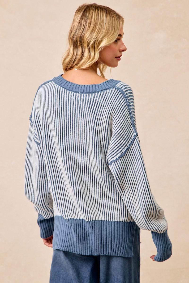 Dusty Blue Two-Tone Rib Knit Sweater