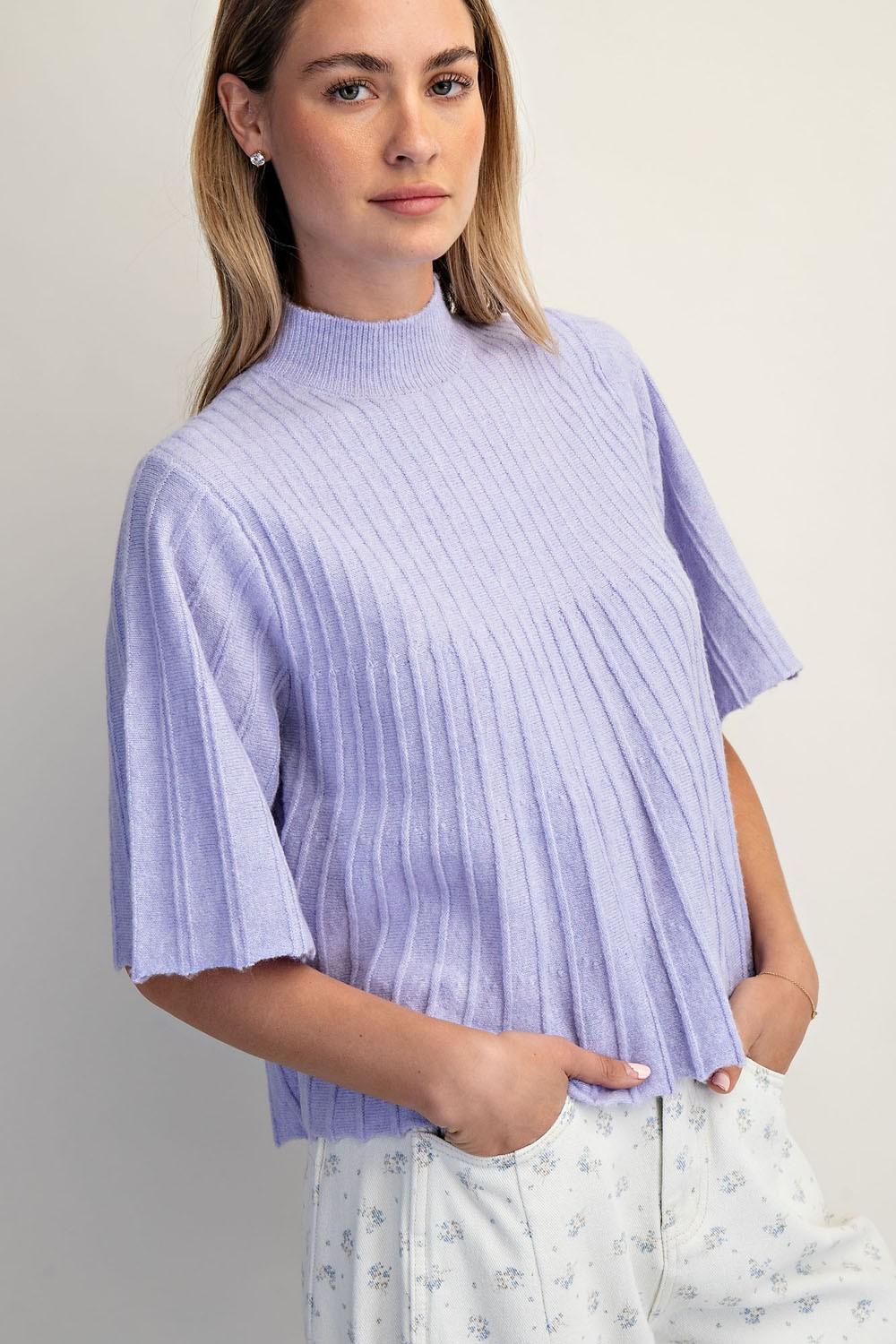 Short-Sleeve Mock-Neck Swing Sweater