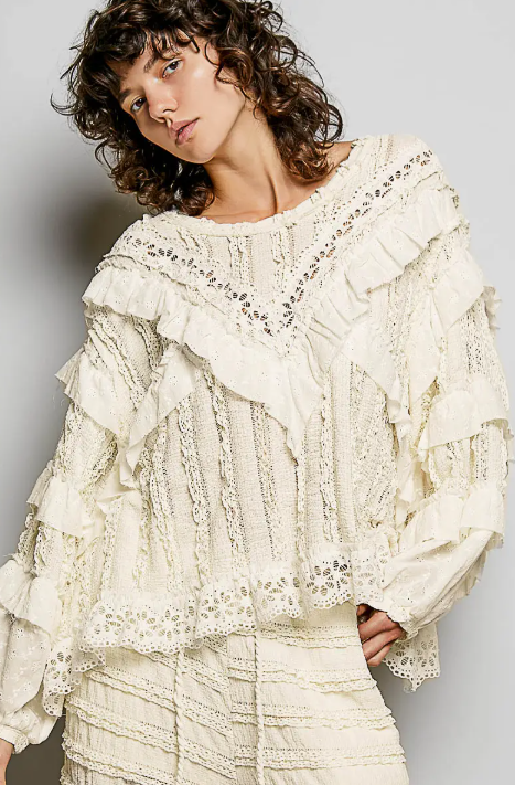 Eyelet Ruffle Raw Edge Trim Lace Solid Knit Top