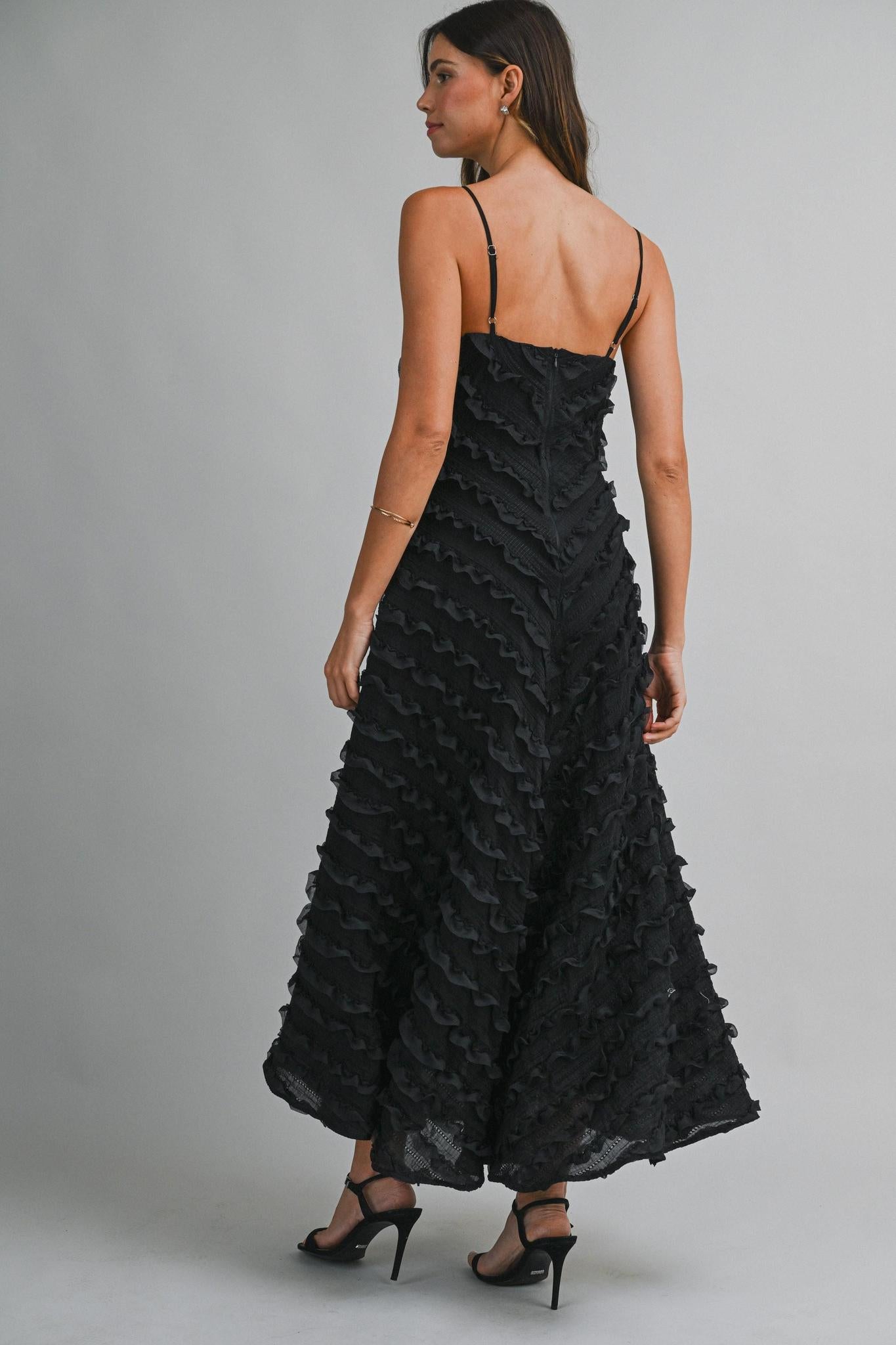 Black Adjustable Spaghetti Strap Chevron Ruffle Detail Midi Dress