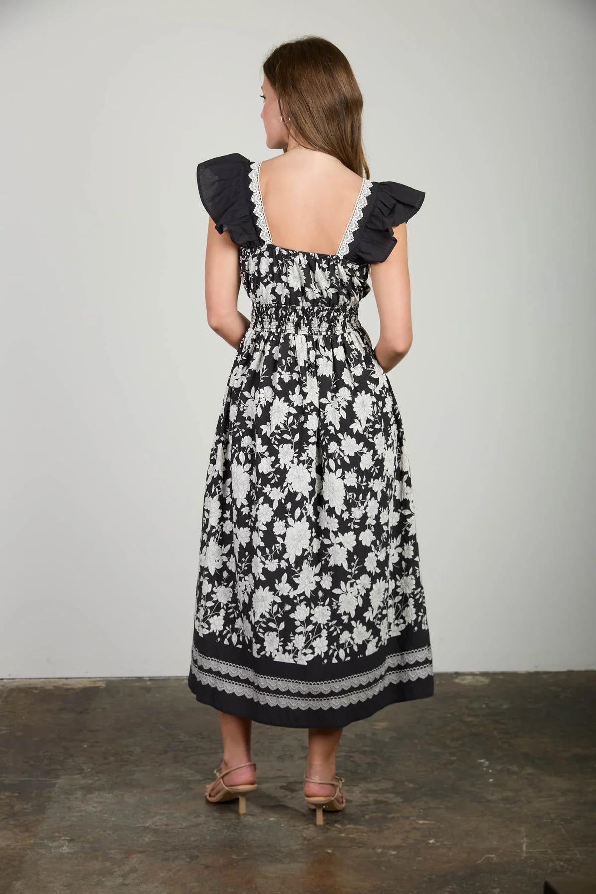 BLACK FLORAL BORDER DETAIL SMOCKED WAIST MIDI DRESS