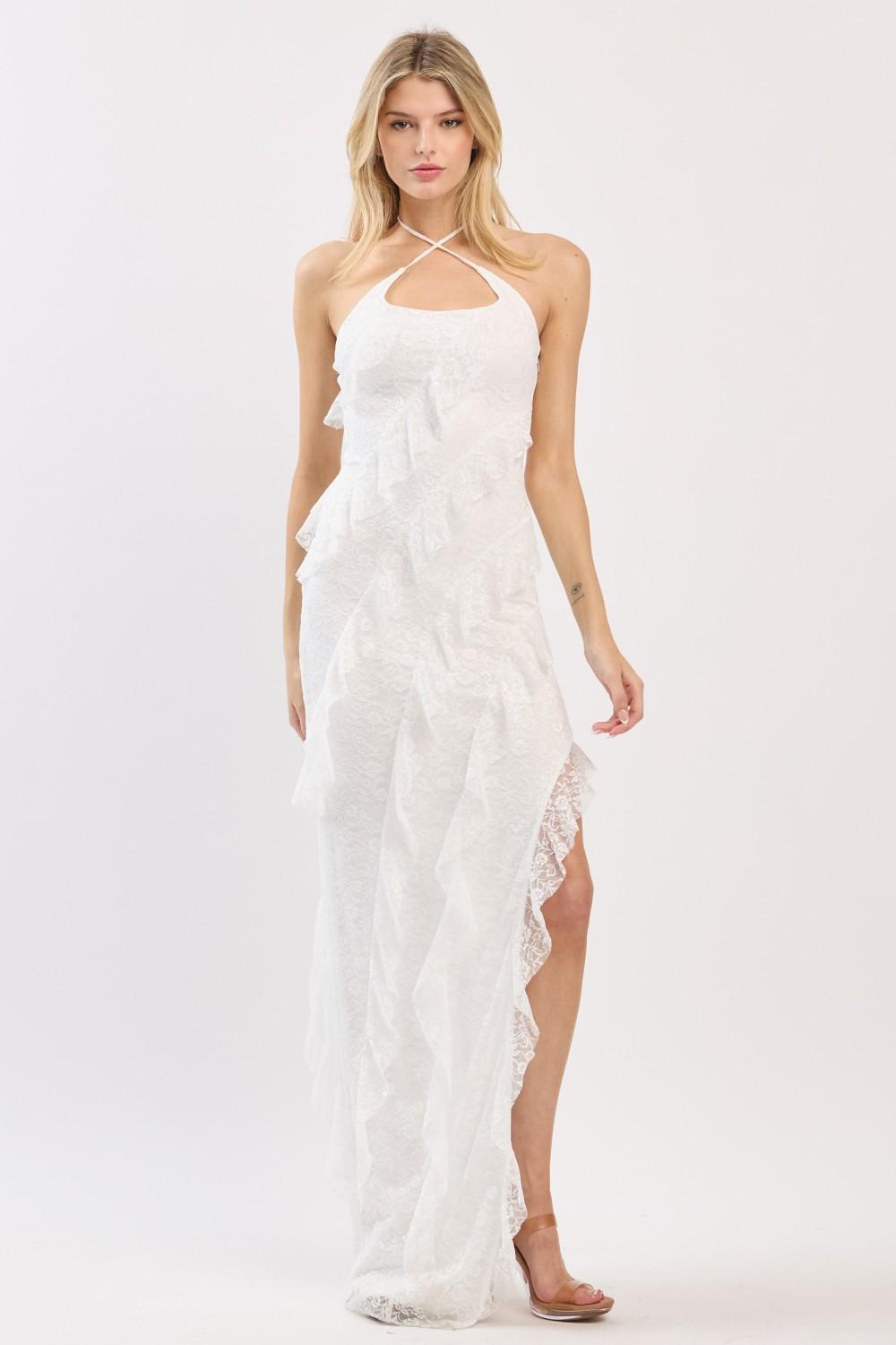 White Lace Halter Neck Ruffle Maxi Dress