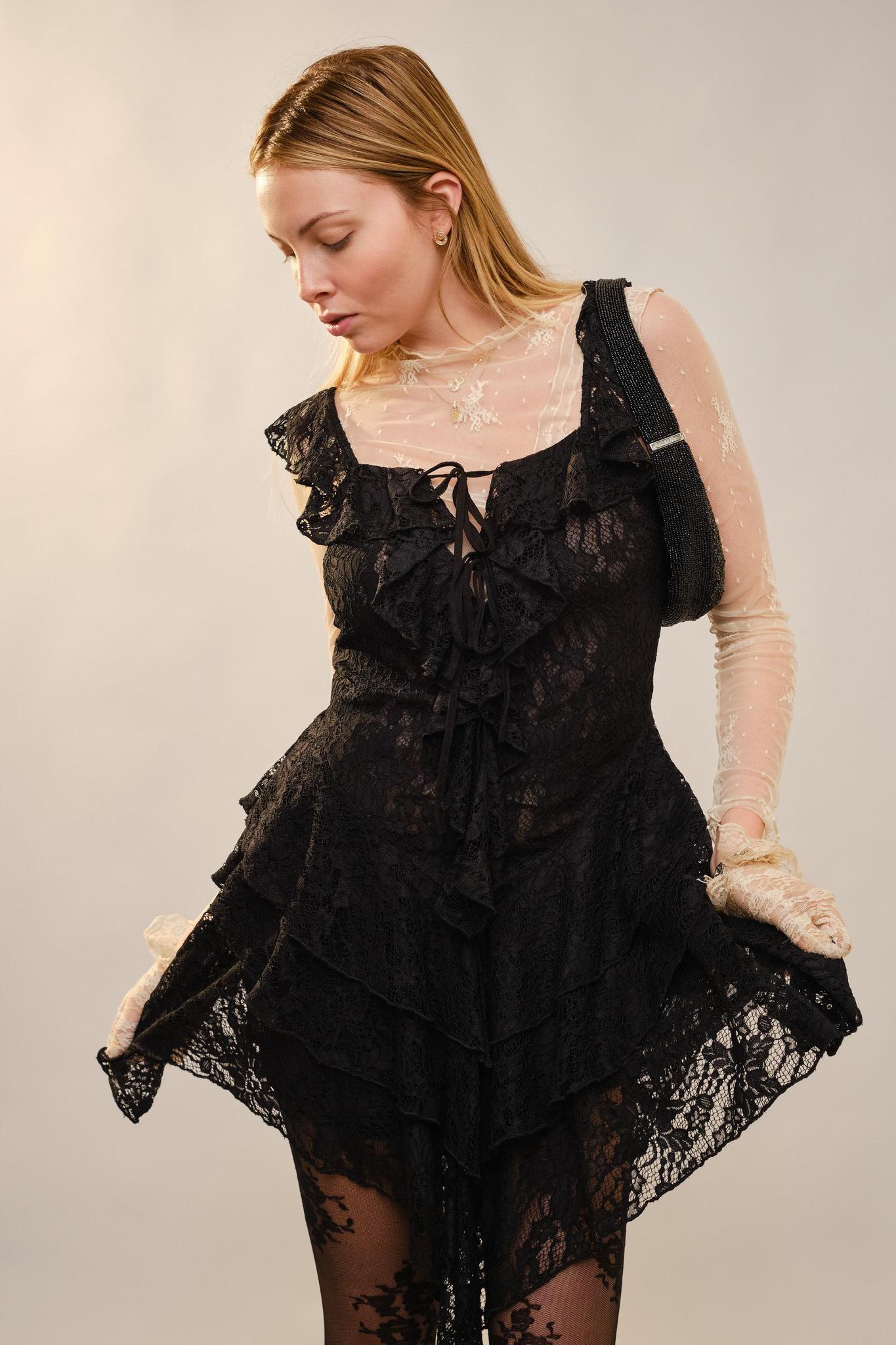 Black Square Neck Lace Ruffle Dress