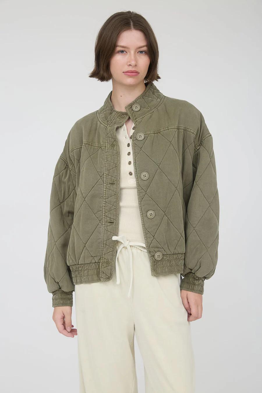 Olive Washed Quilted Button-Down Jacket