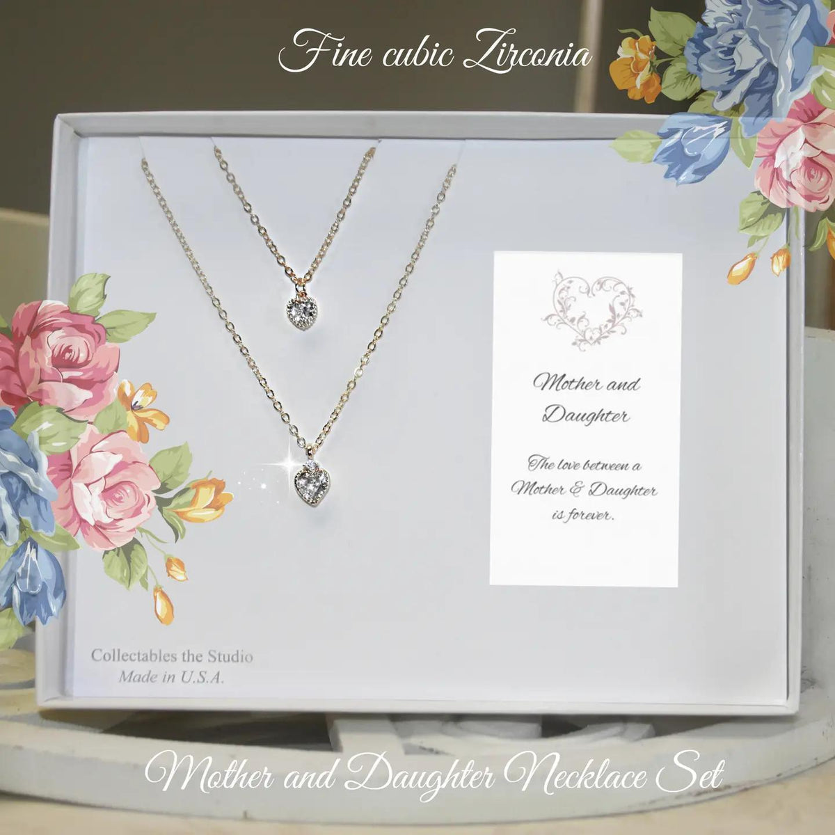 Mother & Daughter Fine Cz Heart Necklace Set
