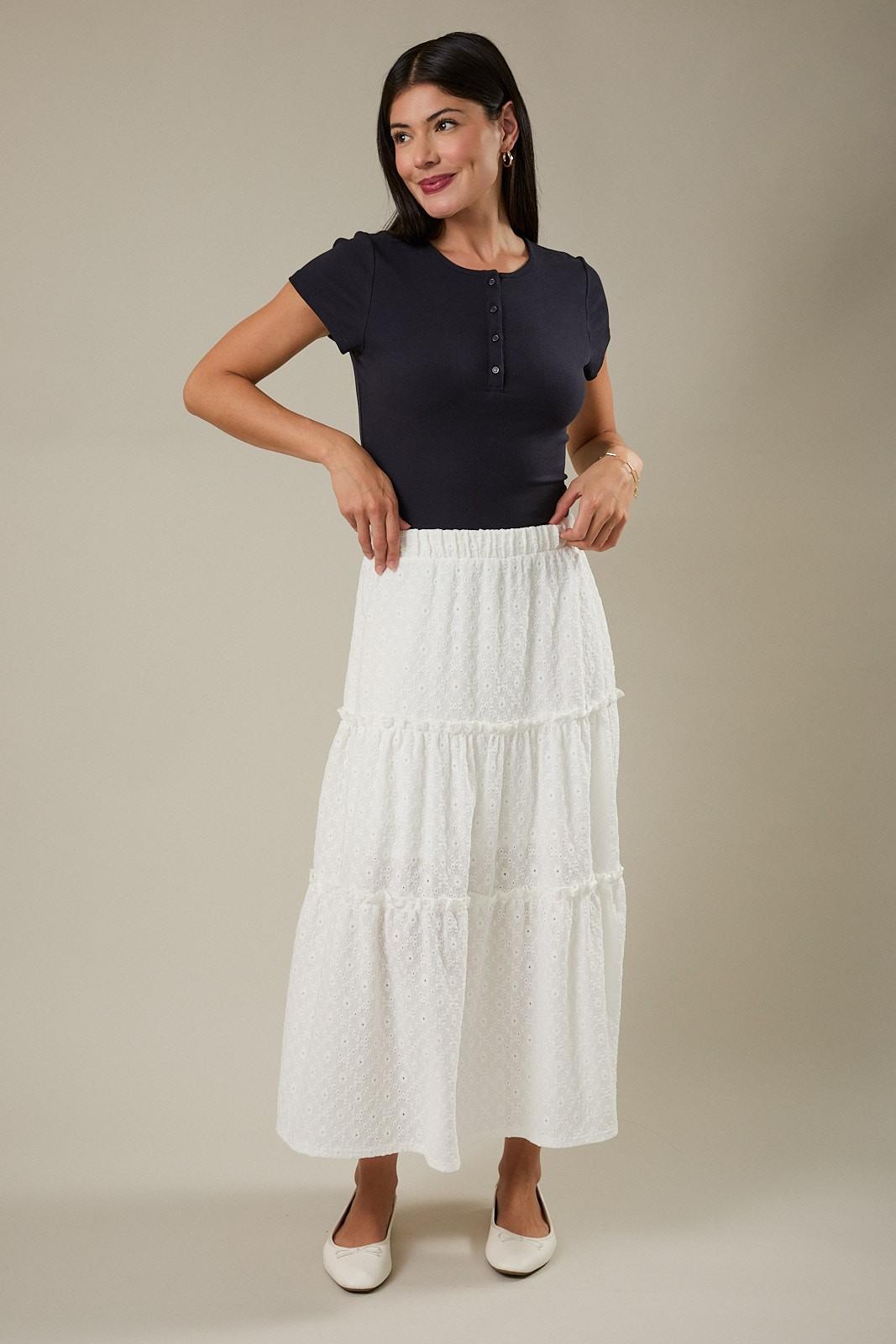 White Elastic Tiered Ruffle Maxi Skirt
