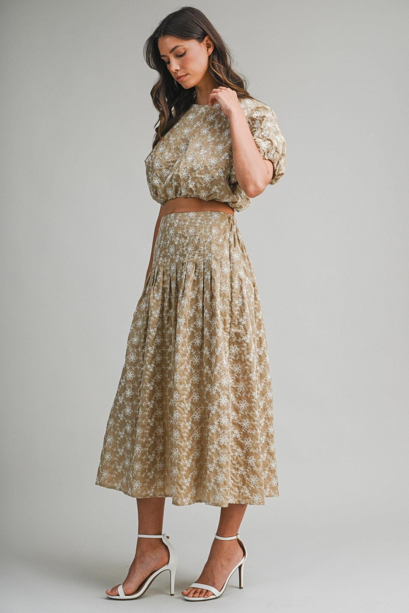Embroidered Puff Crop Top And Midi Skirt Set