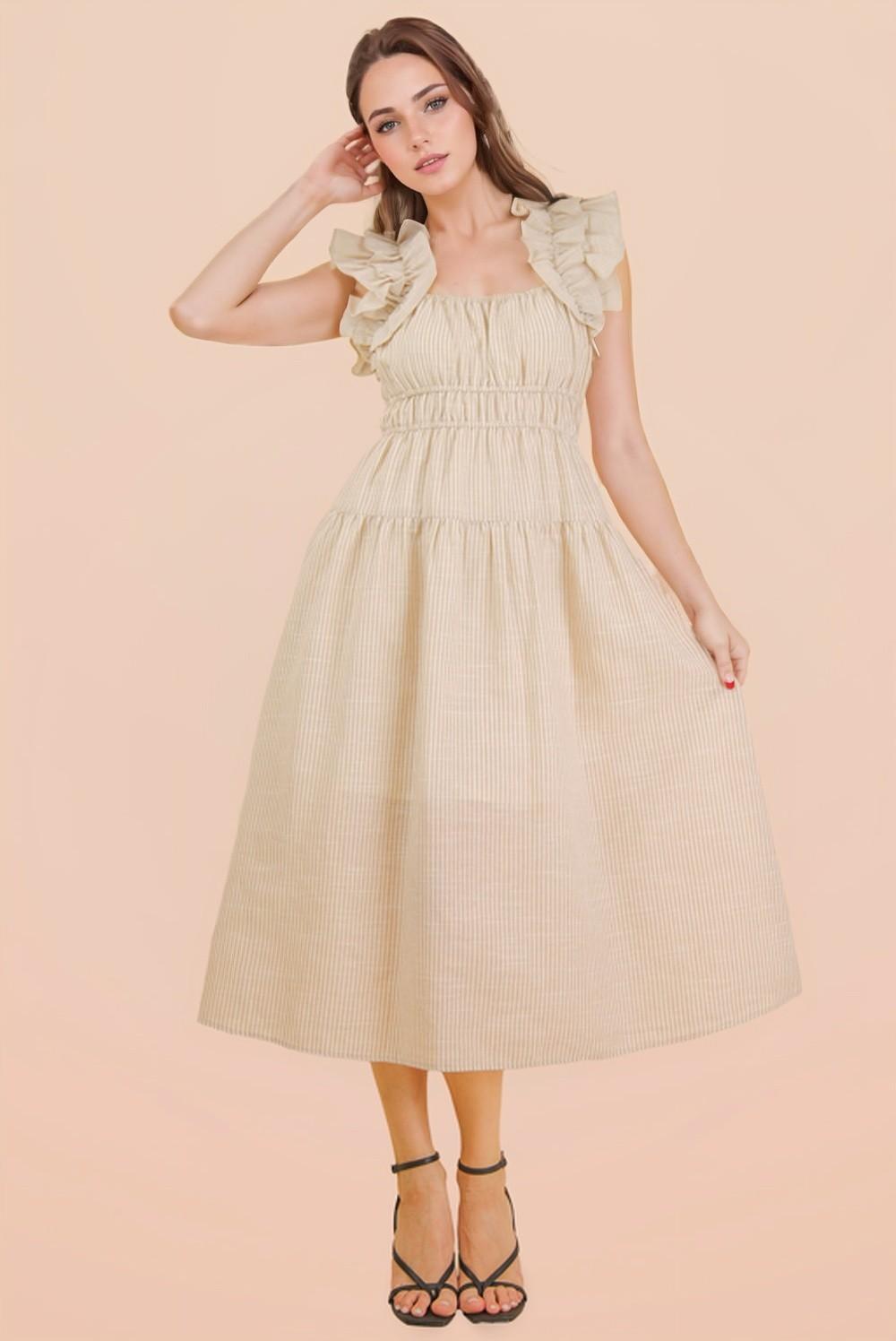 Taupe Shoulder Ruffle Detail Stripe Midi Dress