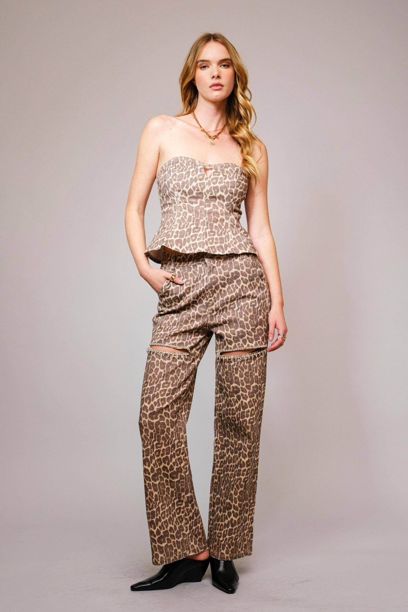 Leopard Print Rhinestone Cutout Jeans