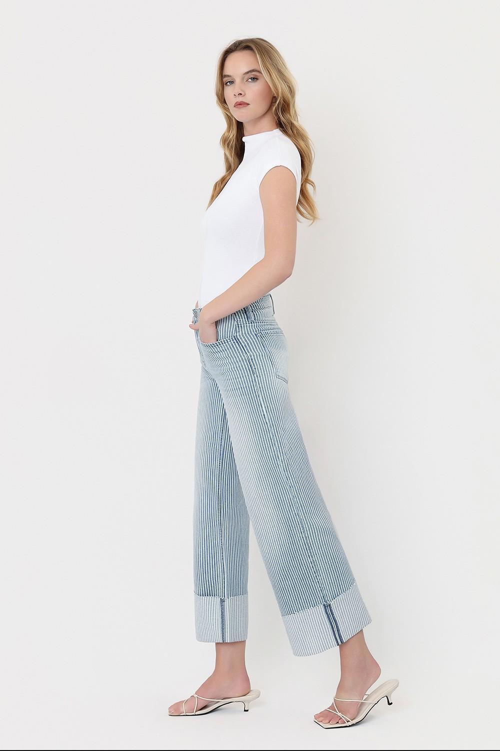 High Rise Cuffed Striped Crop Wide Jeans