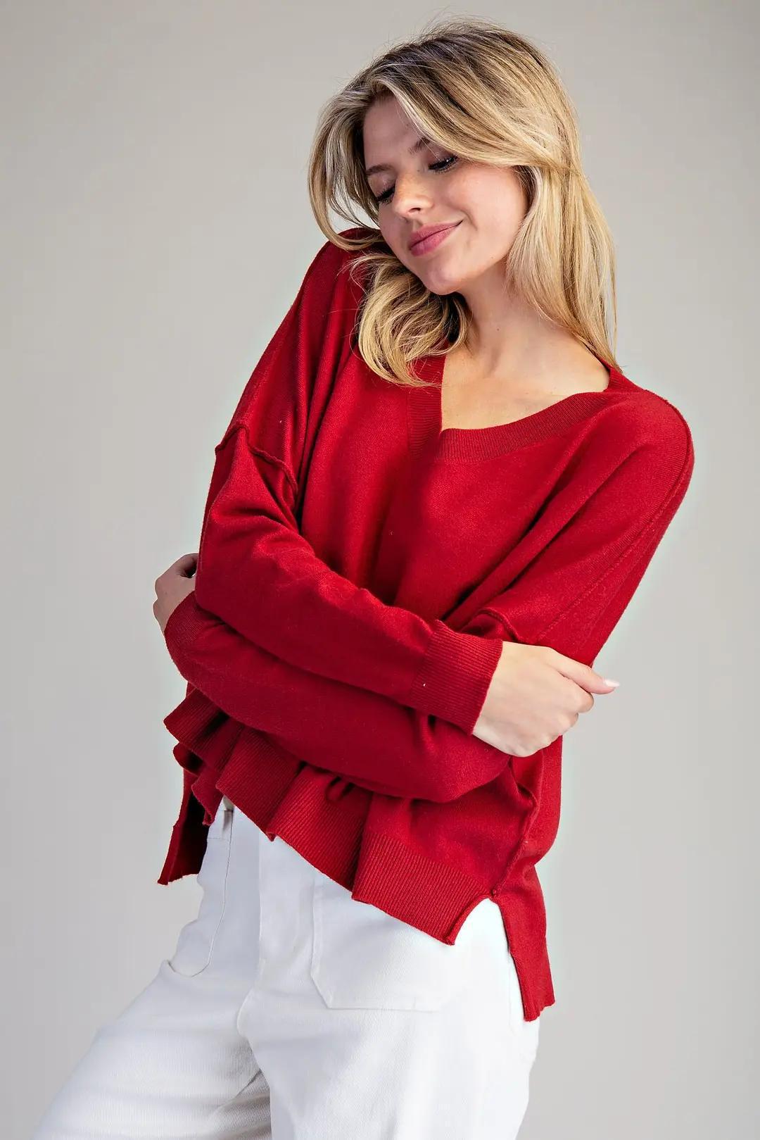 Red Solid V-Neck Long Sleeve Sweater