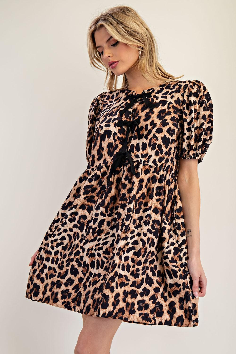 Leopard Ribbon Tie Front Mini Dress