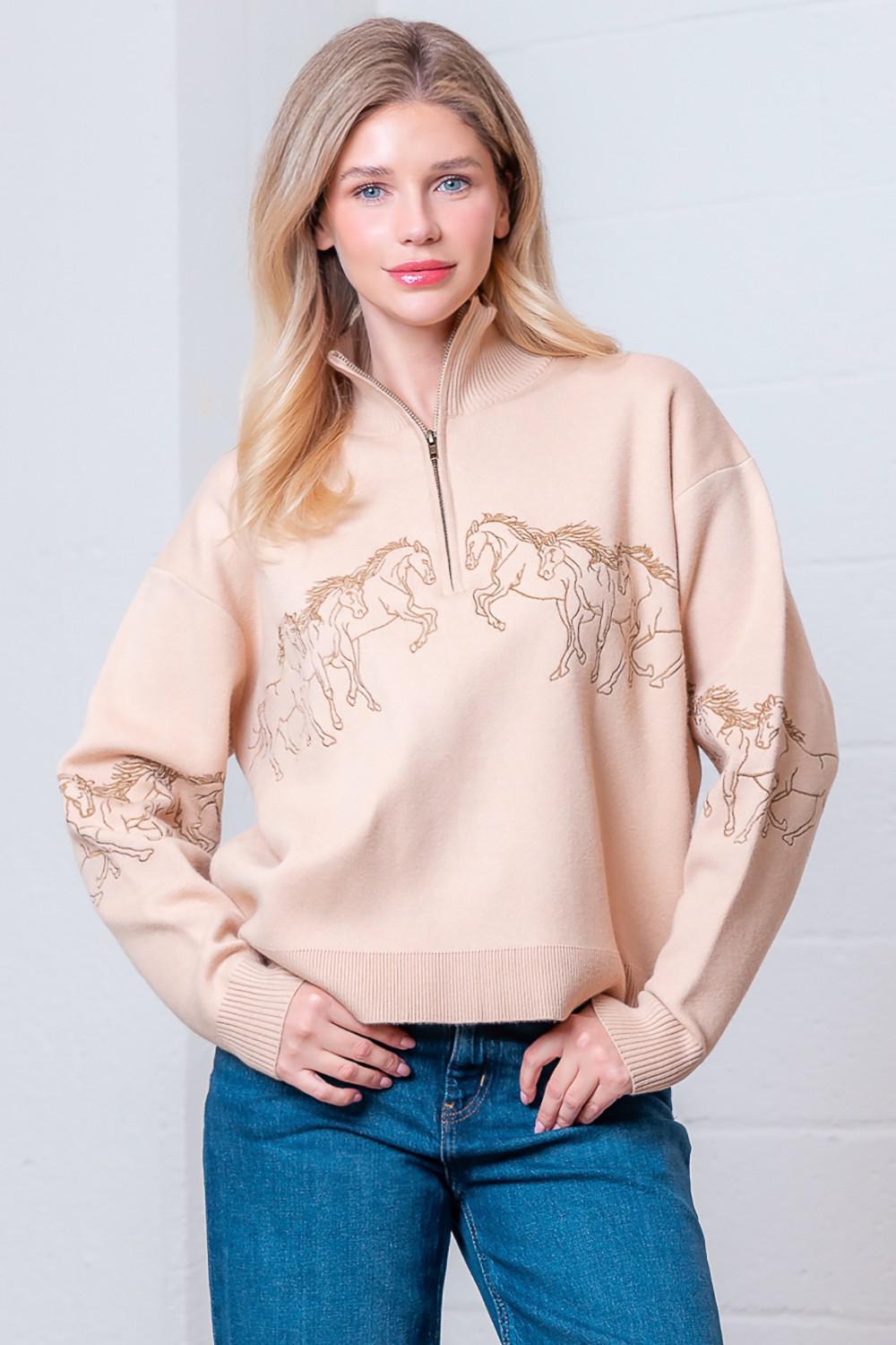 Horses Embroidery Sweater Top