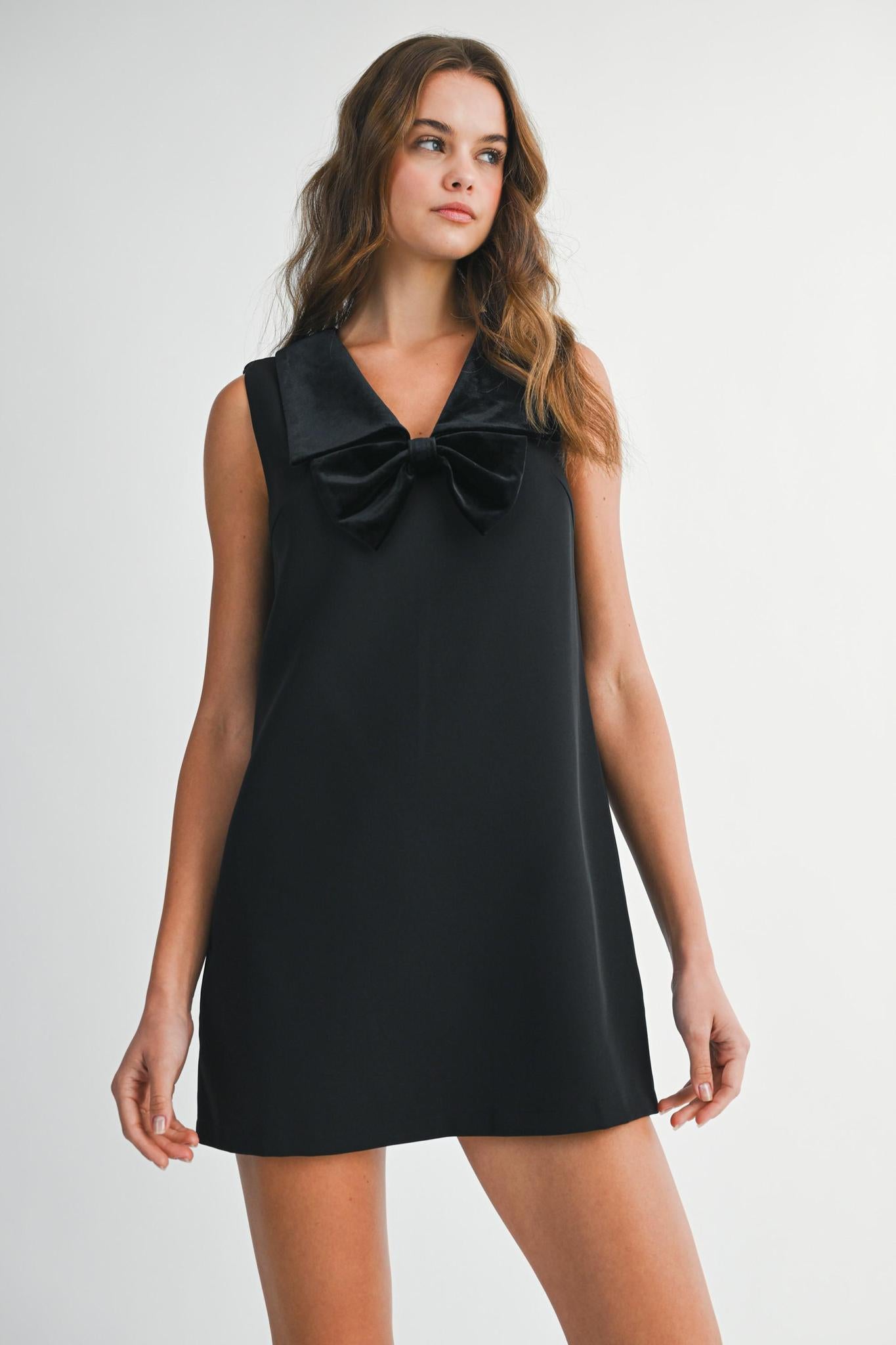 Solid Sleeveless Velvet Collar Bow Mini Dress