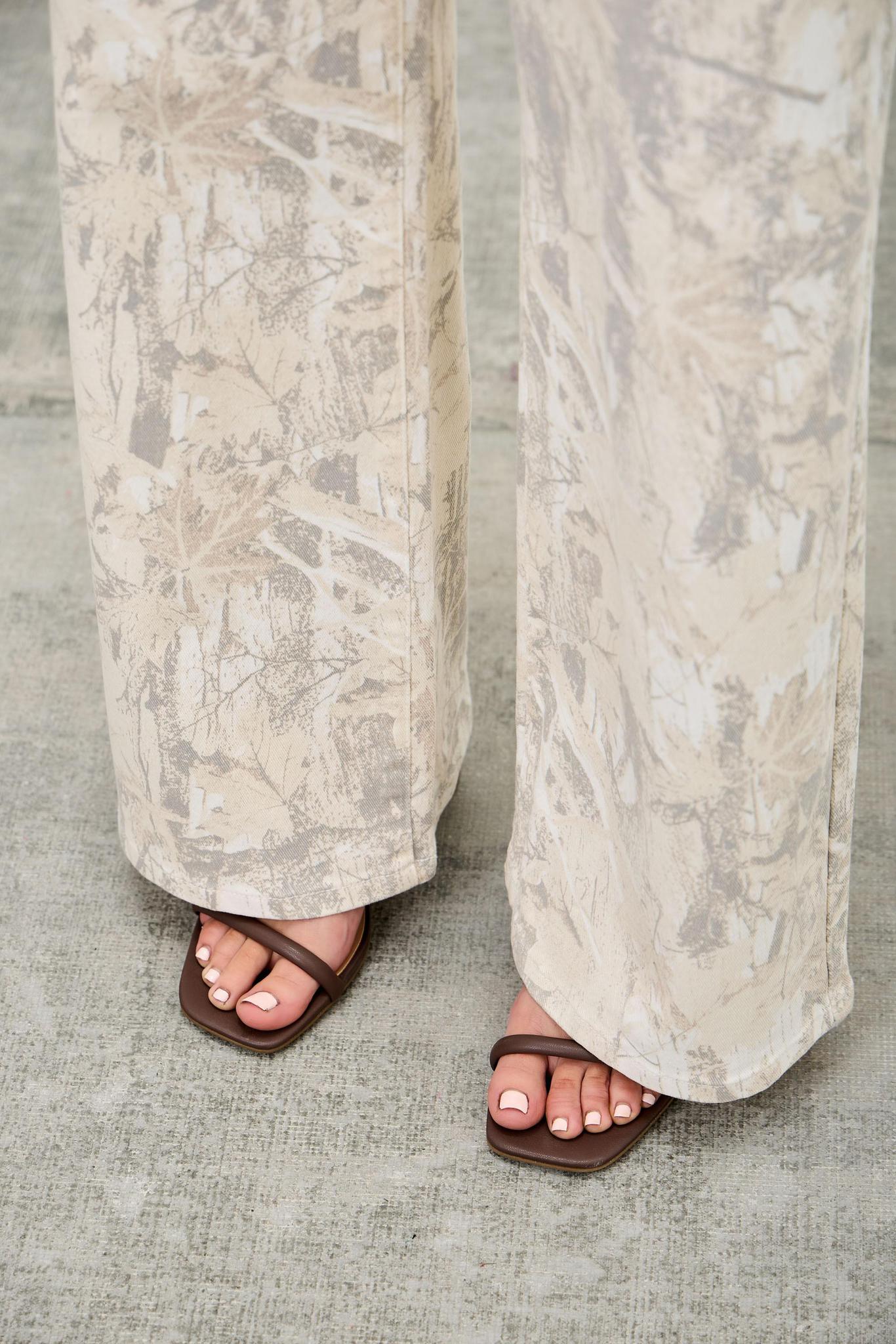 White Camo Mid Rise Printed Wide Straight