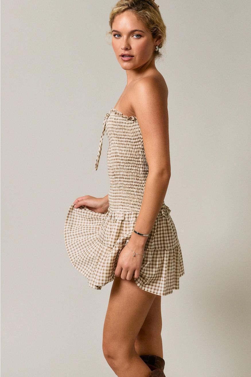 Smocked Gingham Bodice Low Waist Tube Dress