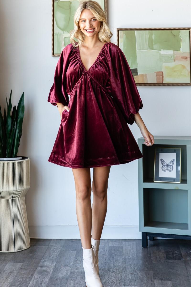 Velvet Puff Sleeve Deep V-neck Dress