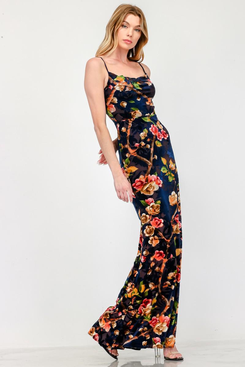 Sleeveless Floral Velvet Maxi Dress