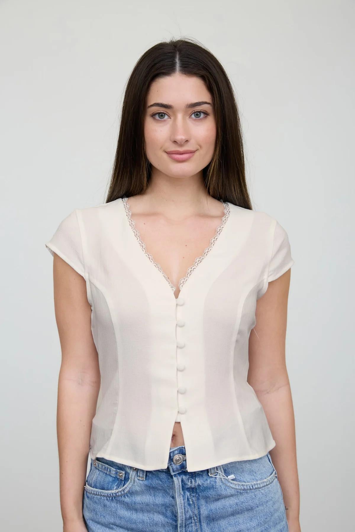 V-NECK LACE TRIM BUTTON DOWN BACK TIE BLOUSE