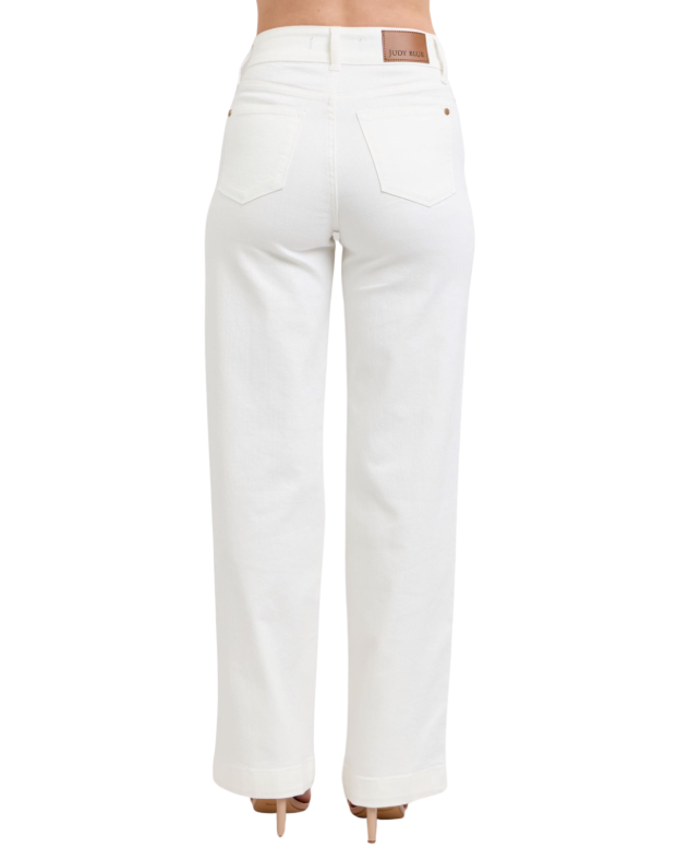 Judy Blue HW Double Button White Wide Trousers