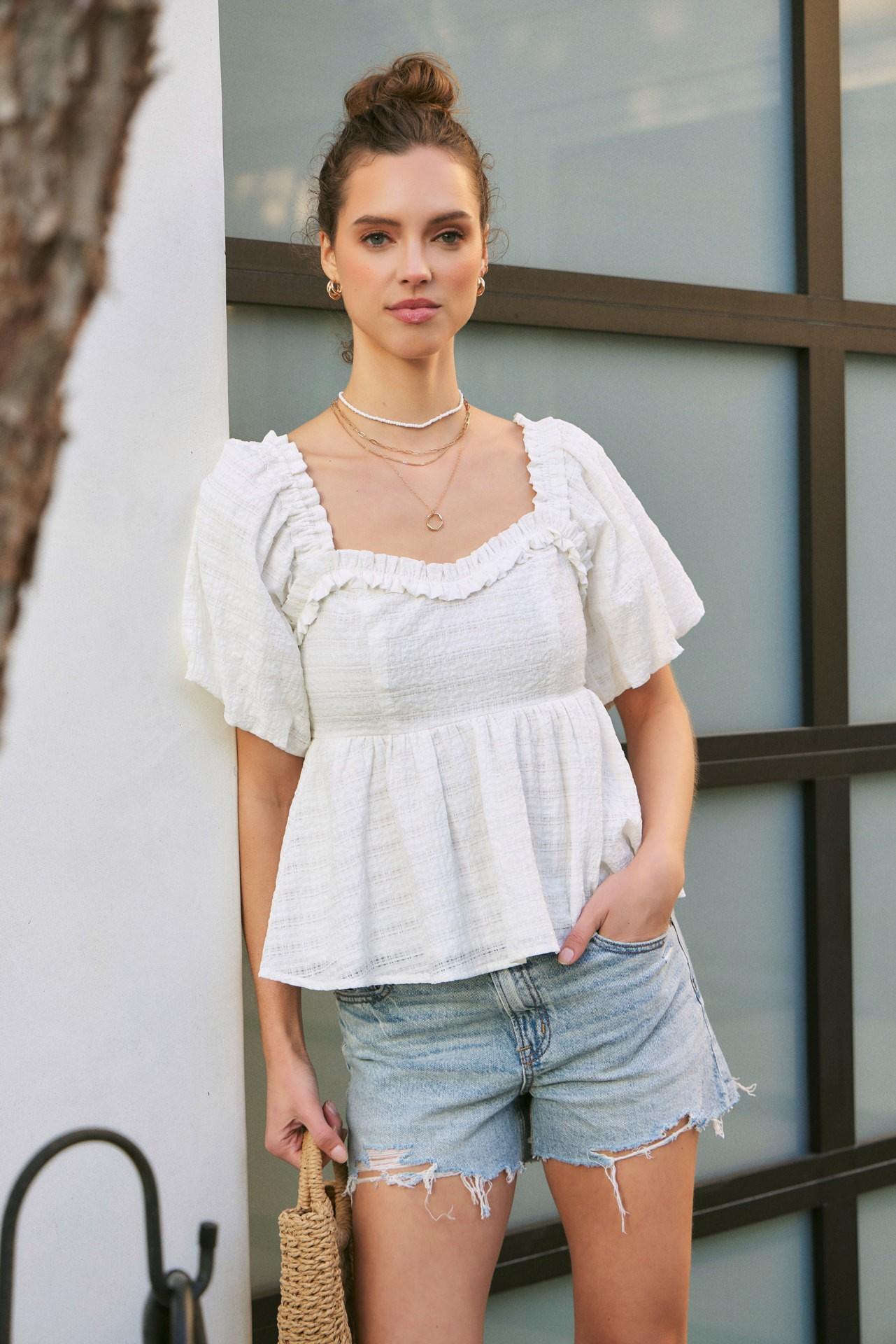 Sheer Organza Bubble Sleeve Blouse
