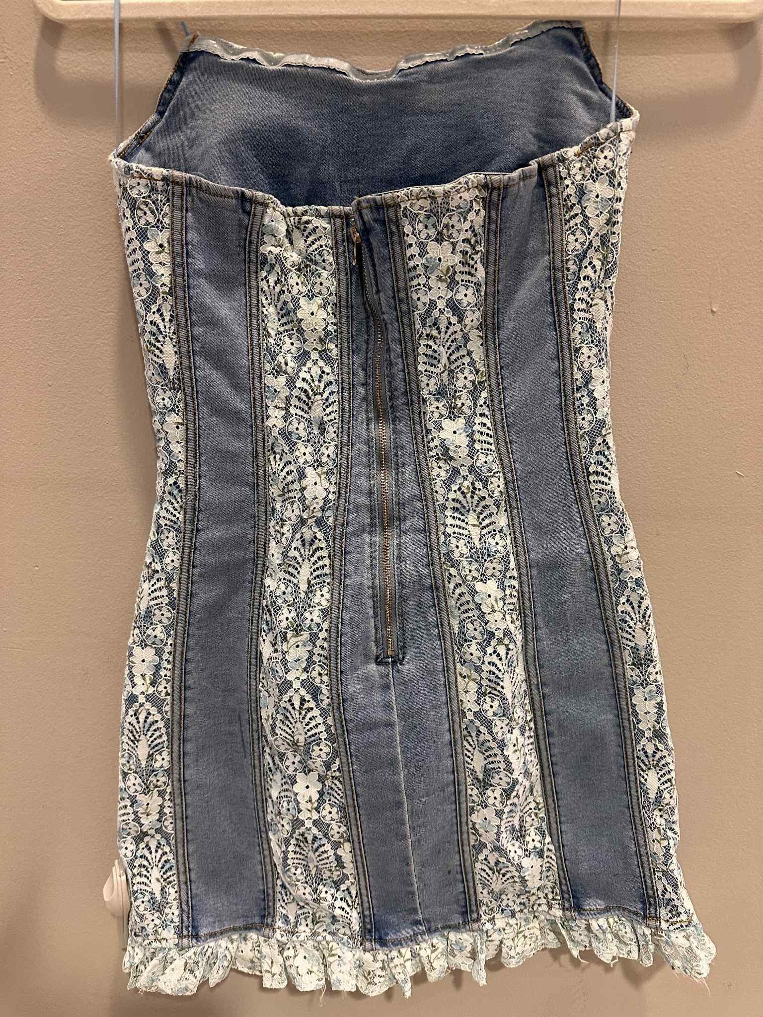 Denim White Lace Bandeau Mini Dress
