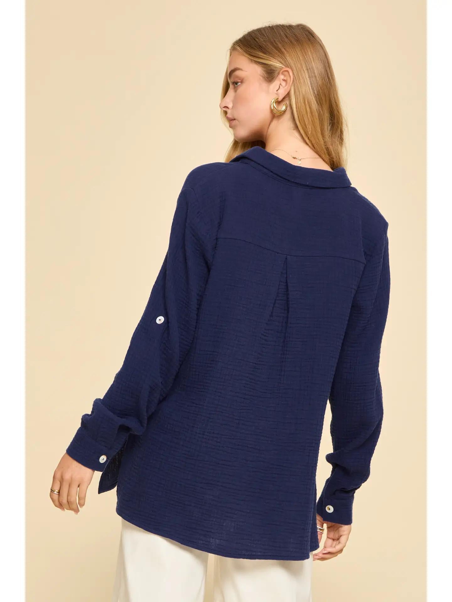 Coastal Navy Breathable Cotton Button-Down Top