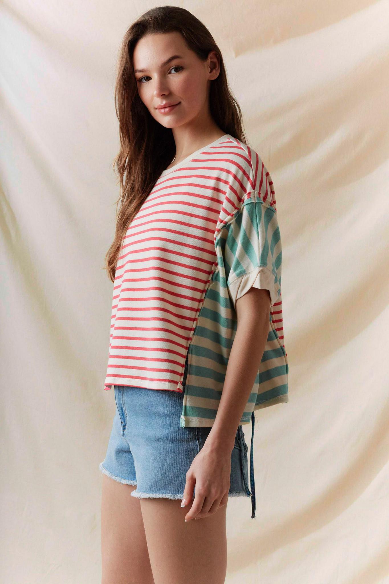 Coral/Mint Stripe Color Block Tee