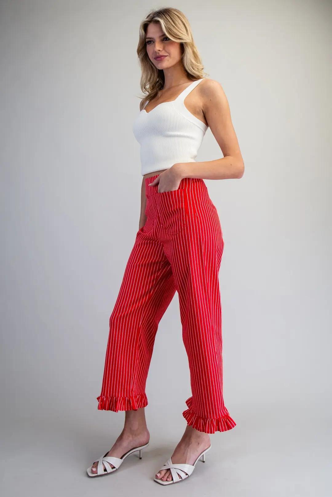 Cherry Red Straight Leg Striped Ruffled Pants