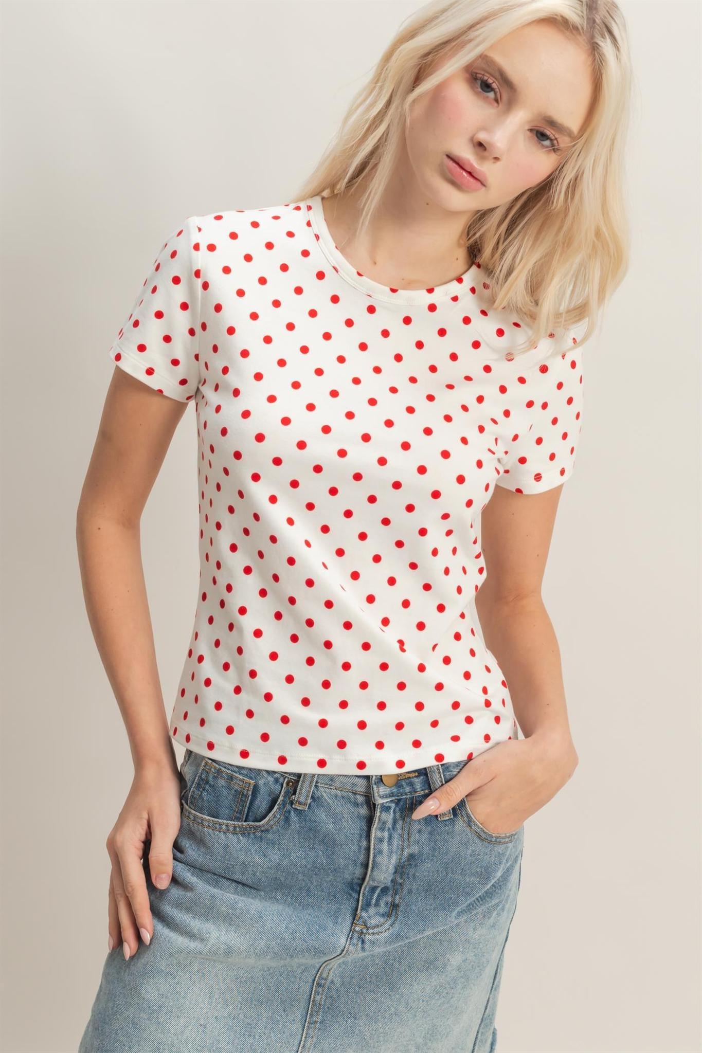 Polka Dot Short Sleeve Crew Neck - Red