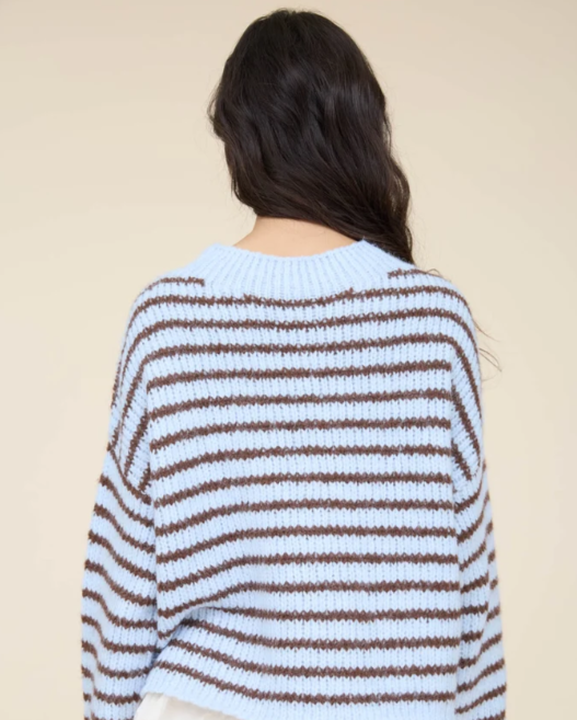 STRIPE ROLLED - EDGE DETAIL LONG SLEEVE KNIT SWEATER - light blue