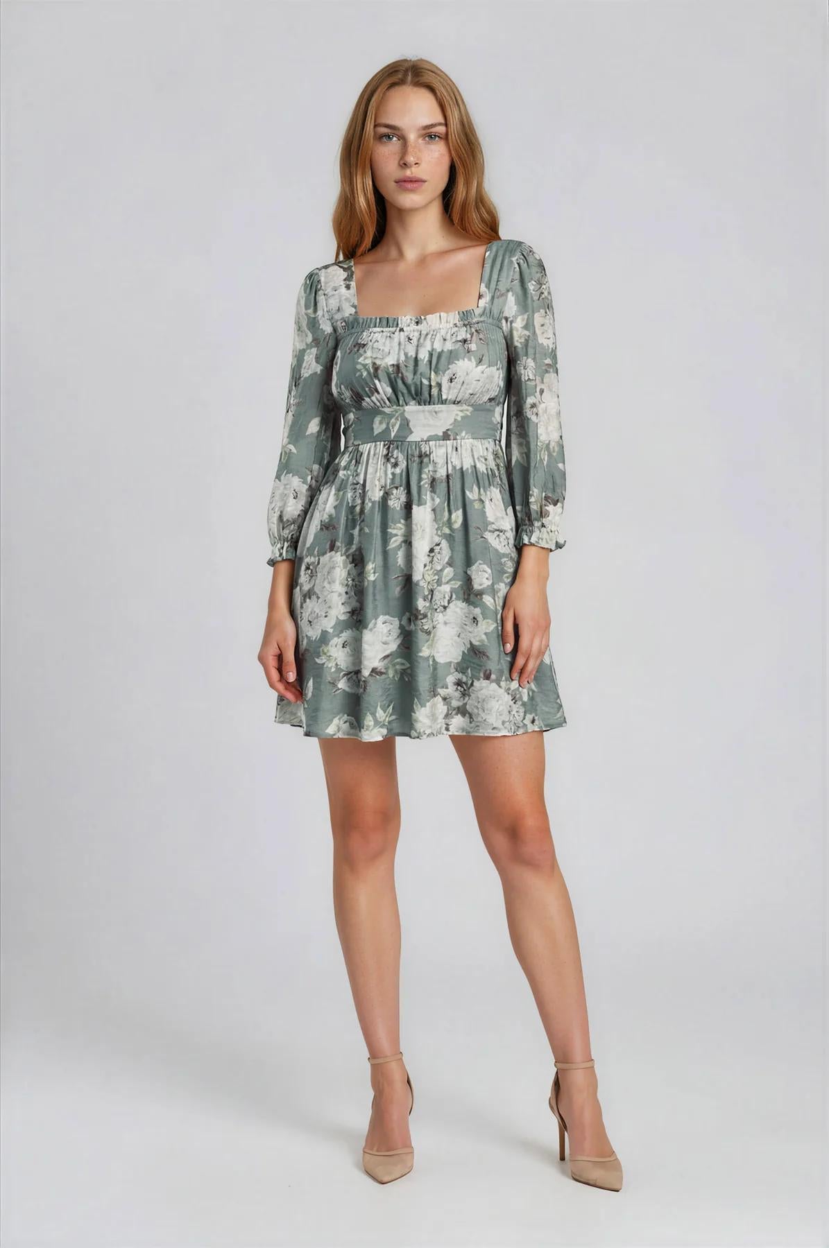 FLORAL SQUARE NECK HALF SLEEVE MINI DRESS