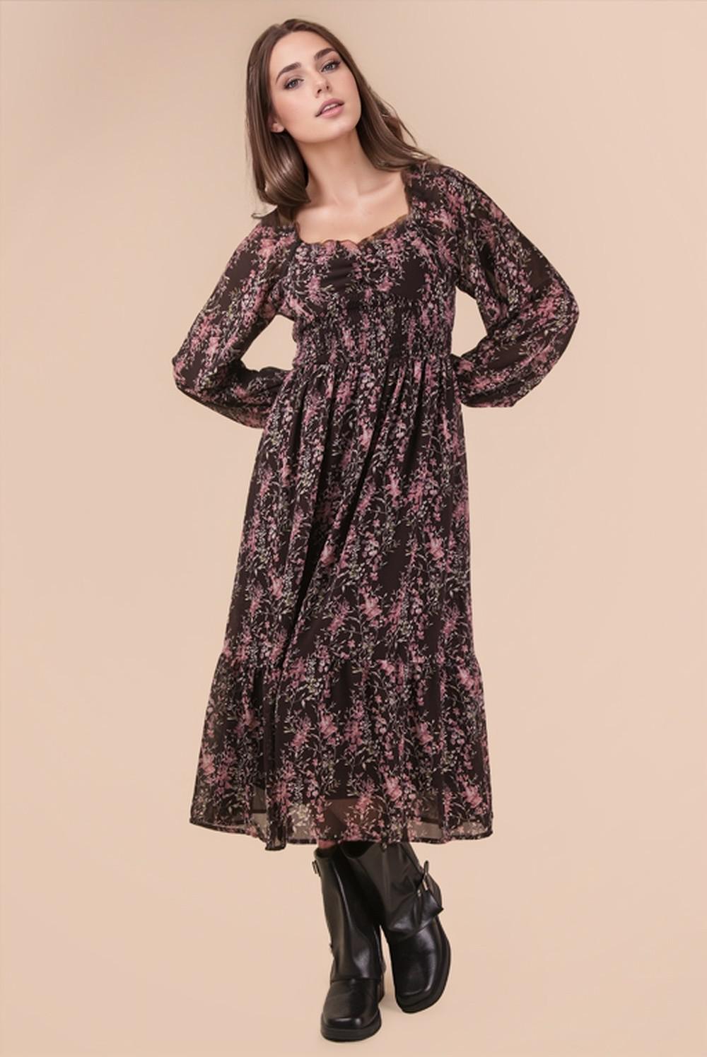 Floral Printed Smocking Torso Midi Dress