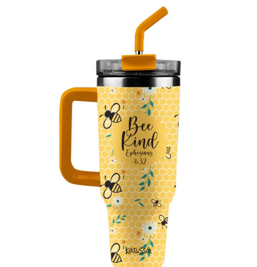 Kerusso 40 oz Stainless Steel Mug With Straw Bee Kind