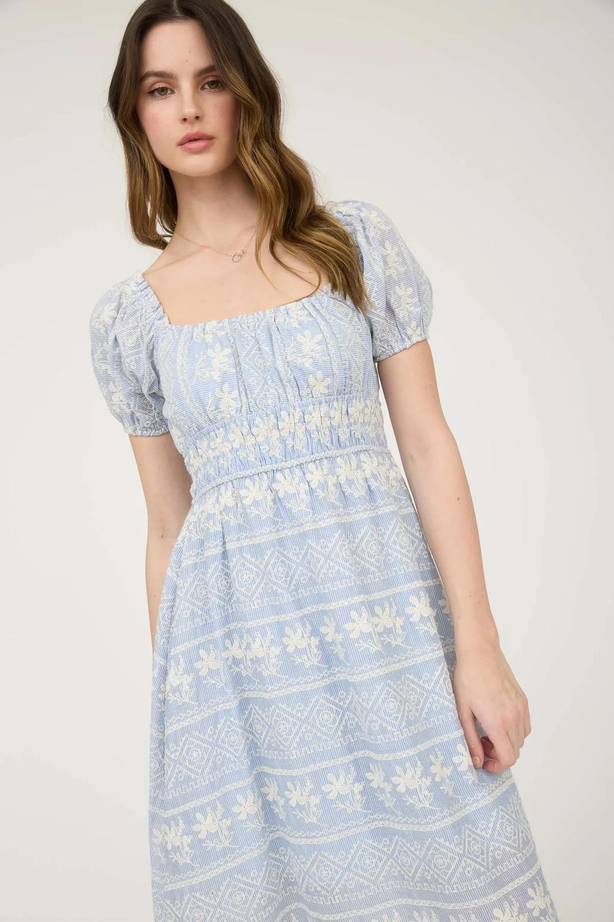 STRIPE FLORAL EMBROIDERY BLUE MAXI DRESS