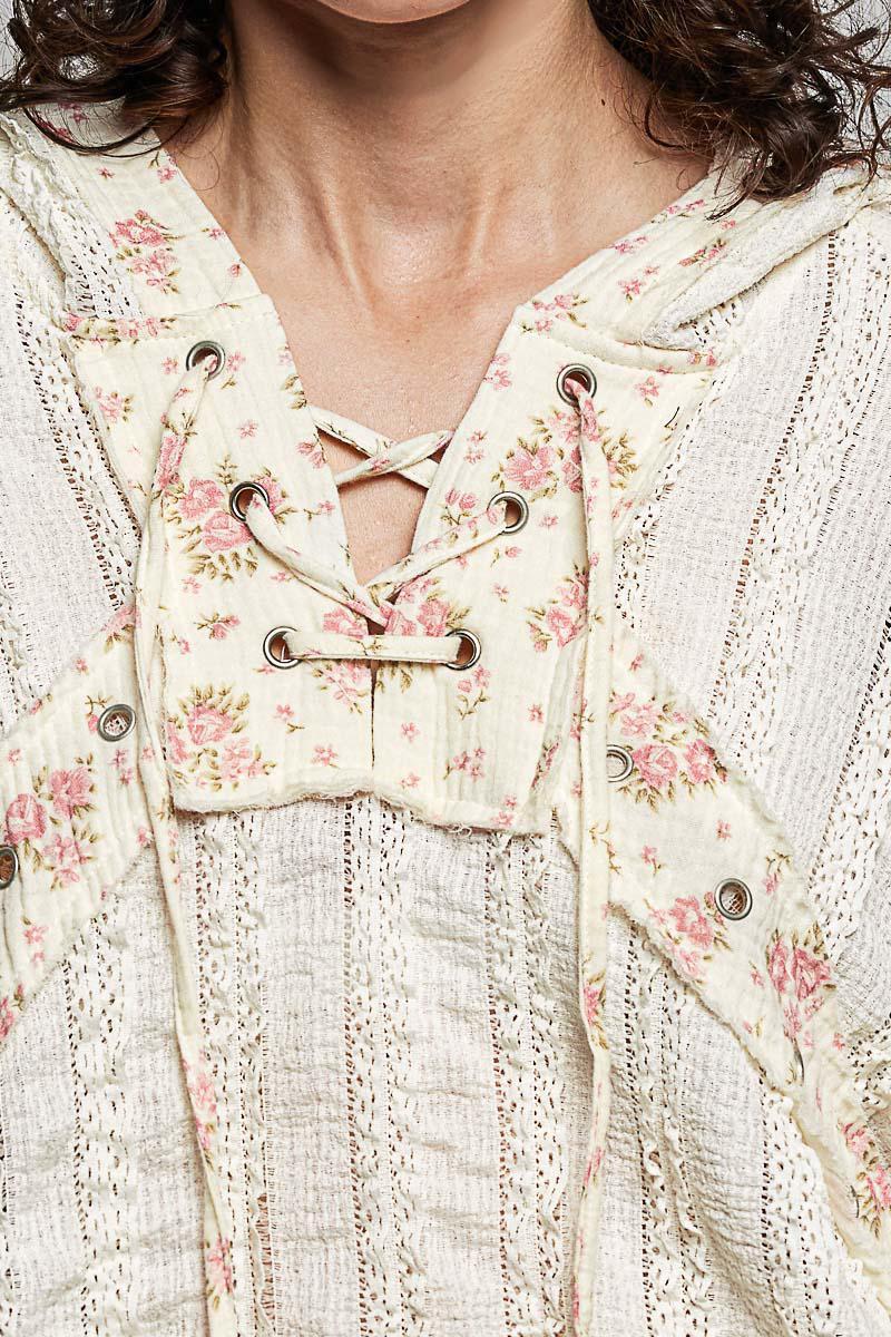 Eyelet Ruffle Natural Hoodie Top