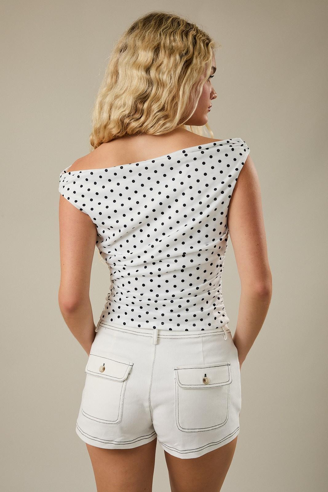Polka Dot Off Shoulder Top - White with Black Dots