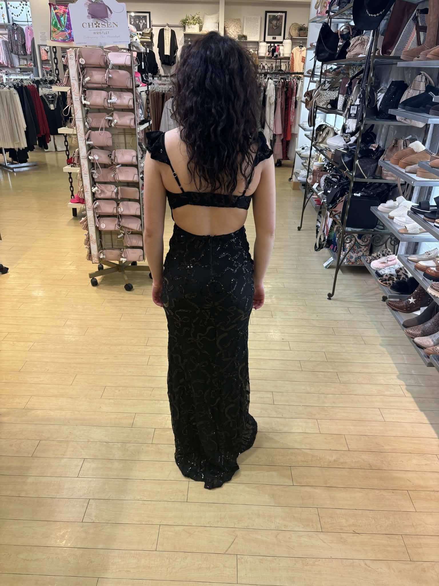 Black Rhinestone Strapped High Slit Maxi Dress