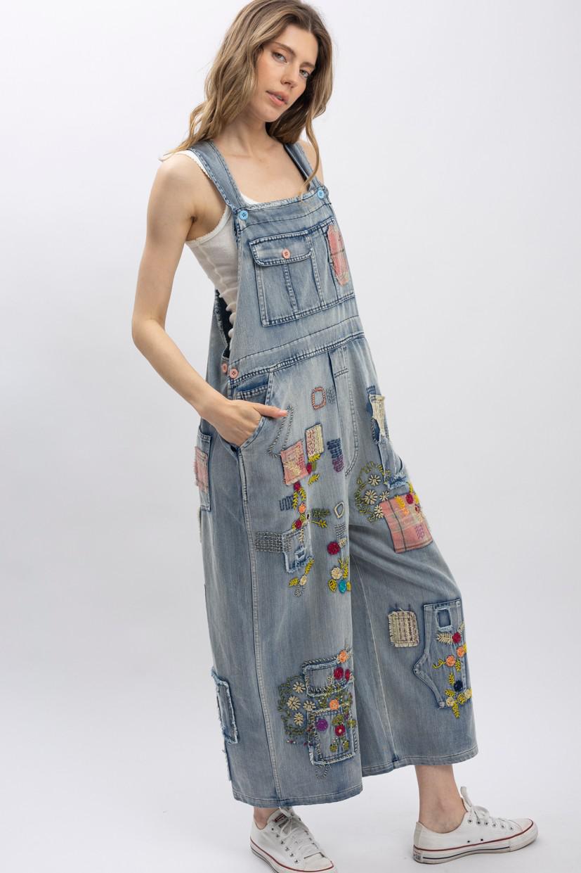 Vintage Washed Denim Oversized Bib Overalls
