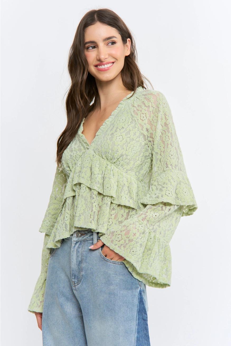 Sage Long Sleeve Lace Ruffle Blouse